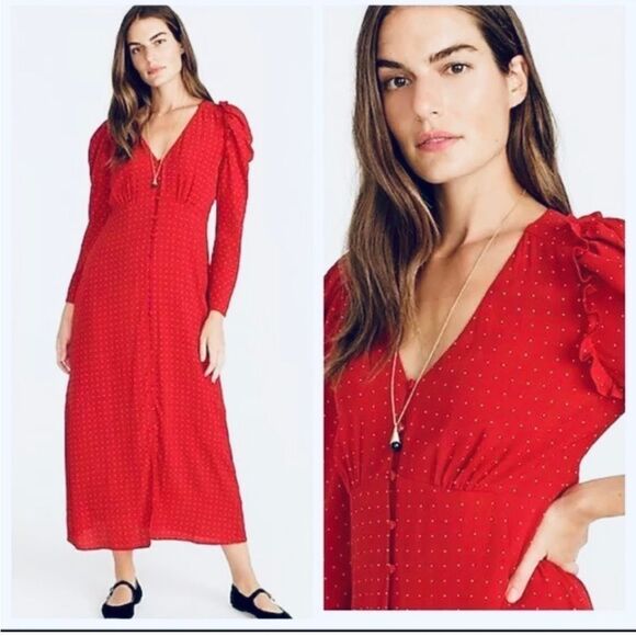 NWT J. Crew | Drapey Puff Sleeve Ruffled Red White Polka Dot Dress 14 - Picture 2 of 16